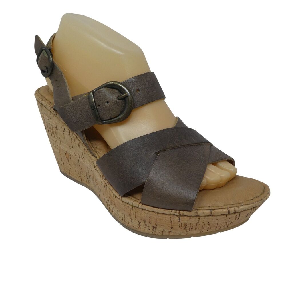 Born‎ Emmy Brown Leather Open Toe Cork Wedge Heel Platform Sandals